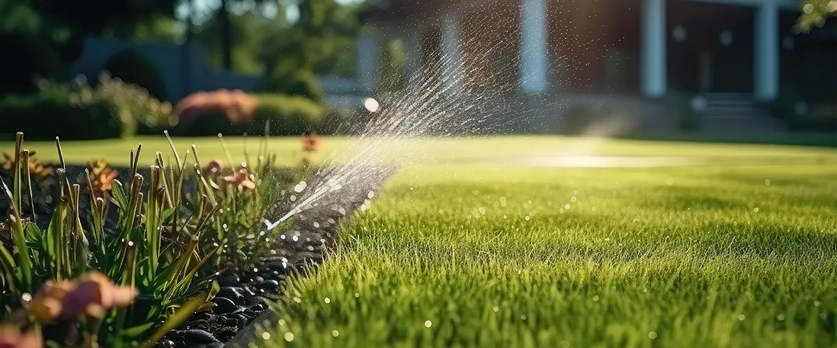 Automatic sprinkler system watering a lush green lawn in a beautifully landscaped garden, irrigation system maintenance.