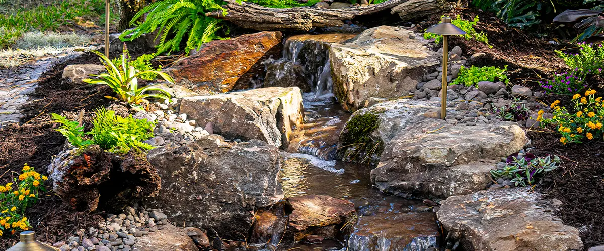 Natural garden stream with rocks, ferns, and landscape lighting for a serene outdoor setting