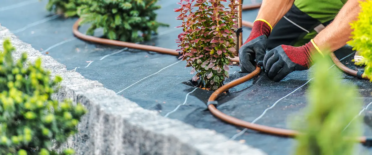 Landscaper installing drip irrigation system for garden plants with mulch and weed barrier fabric, efficient landscaping.