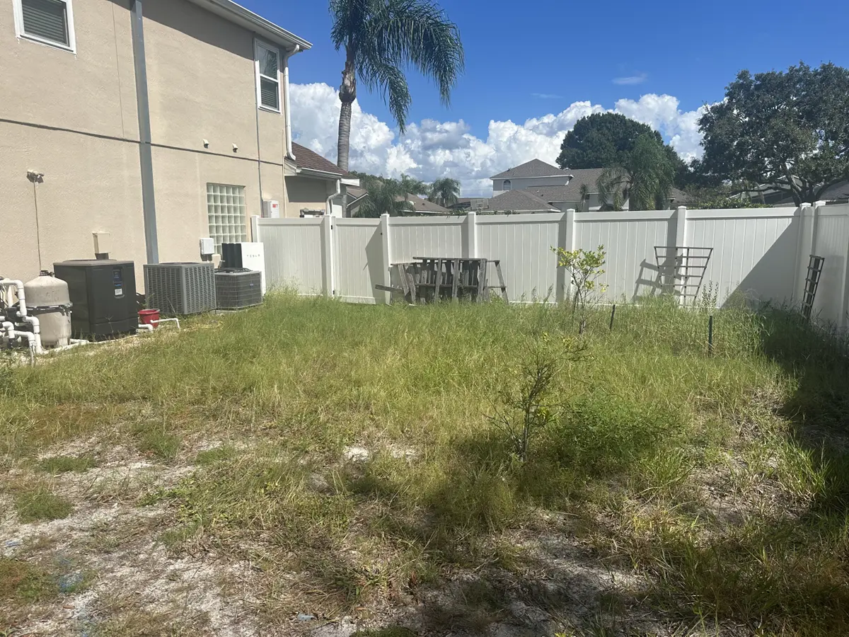 Overgrown backyard with unmaintained grass and basic fencing, ideal for a landscaping renovation transformation.