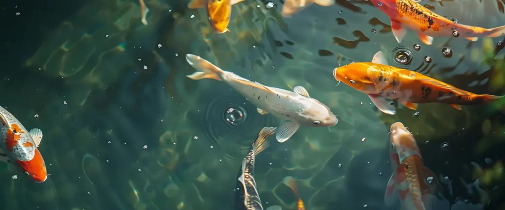 A group of colorful koi fish swimming in a clear pond with ripples on the water surface