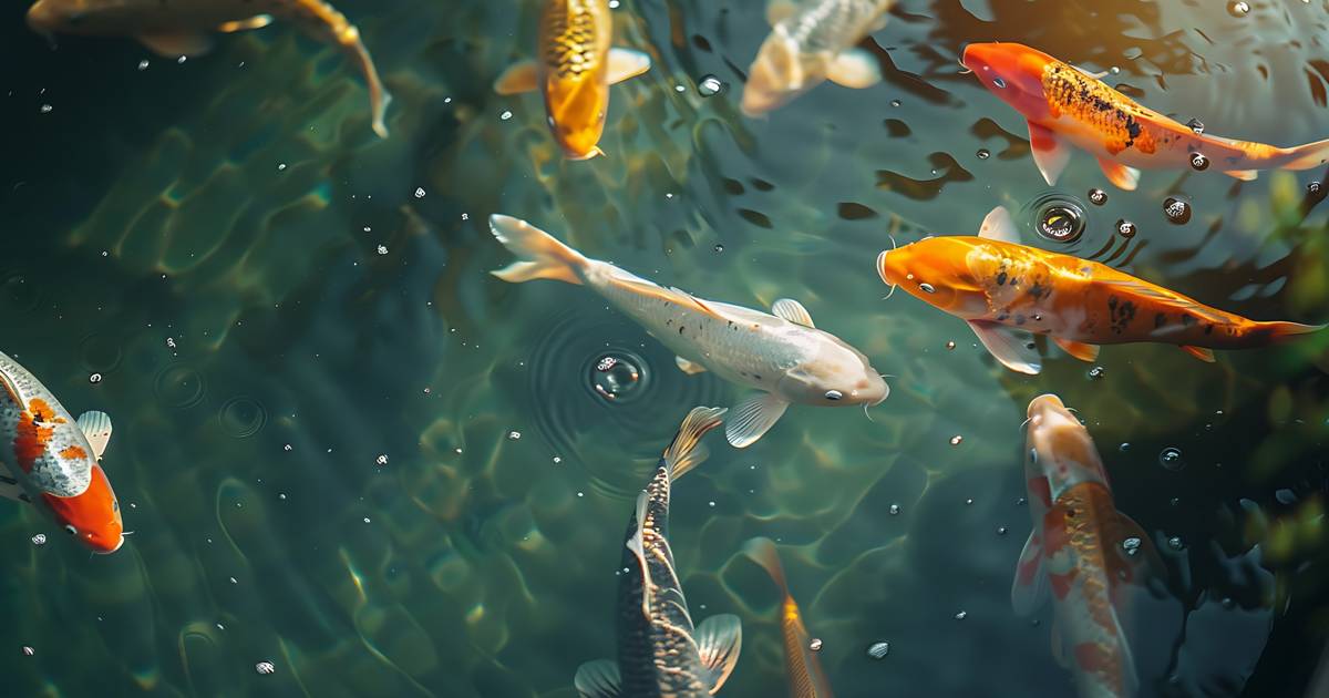 A group of colorful koi fish swimming in a clear pond with ripples on the water surface