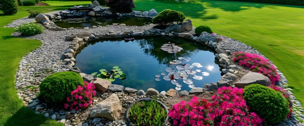 A beautifully landscaped garden pond with blooming pink flowers, rocks, and lush greenery