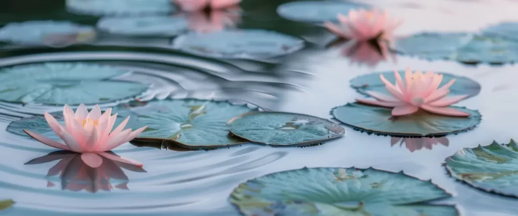 A tranquil pond with floating green lily pads and blooming pink water lilies reflecting on the water