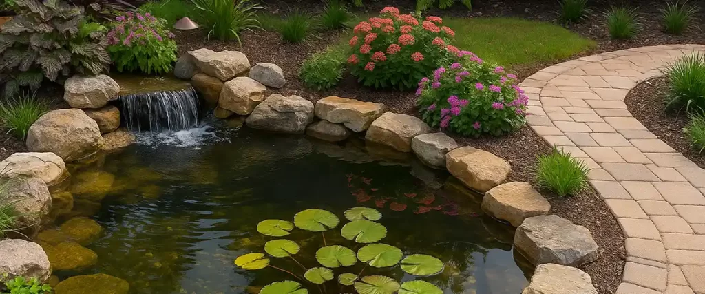 Garden pond with waterfall rocks and colorful flowers
