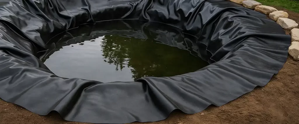 Pond partially filled with water showing black liner installation