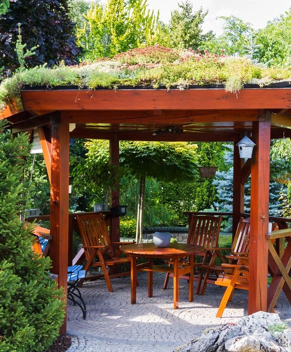 A charming wooden gazebo with a green living roof over a small paver patio, furnished with a wooden table and chairs, surrounded by lush trees